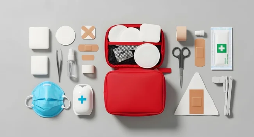 Essential B12 injection supplies including syringes, alcohol swabs, gauze, bandages, and a sharps container